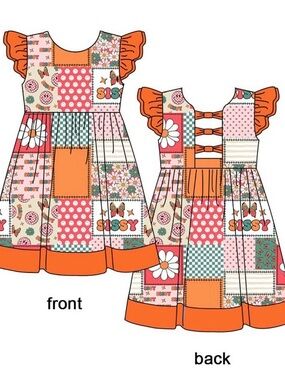 BAMBOO Patchwork Flutter Sleeve Dress in Orange, Pink and Cream